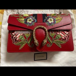Dionysus Floral Embroidered Red LeatherShoulderbag